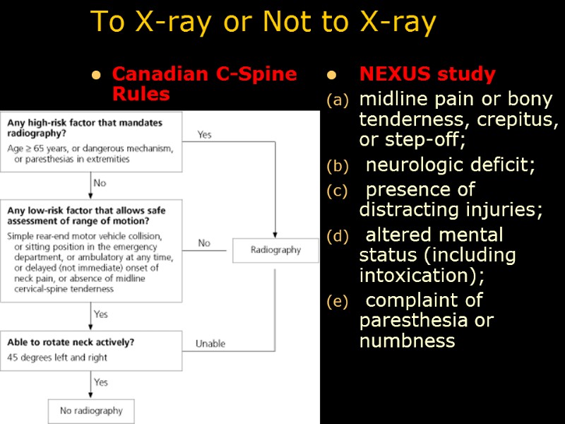To X-ray or Not to X-ray Canadian C-Spine Rules  NEXUS study midline pain